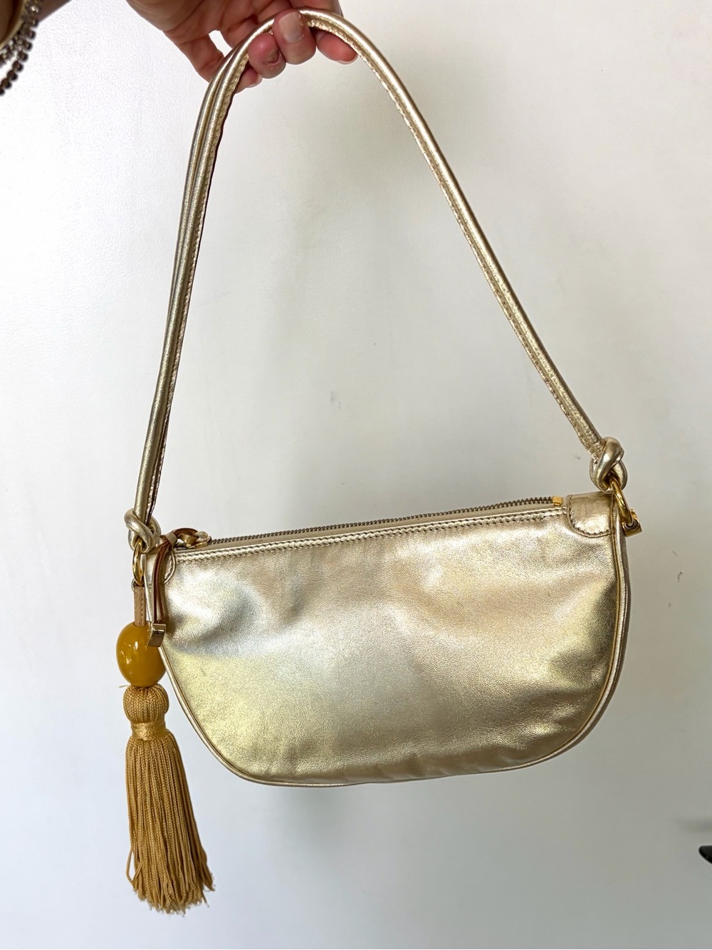 Escada Leather Shoulder Bag, zip, double strap, tassel charm, gold, EUC - Picture 14 of 15